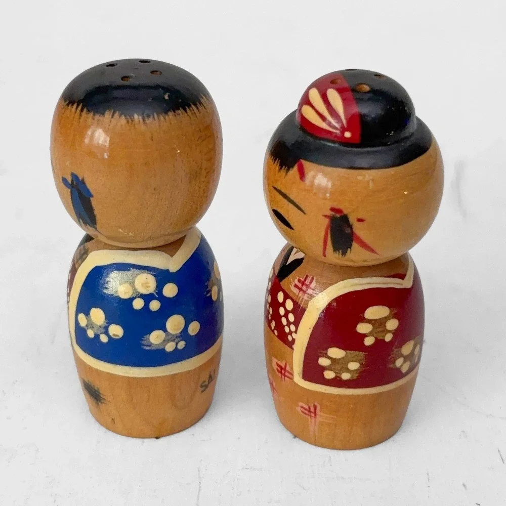 VTG Japanese Kokeshi Doll Salt & Pepper Shakers Wooden Hand Painted Japan